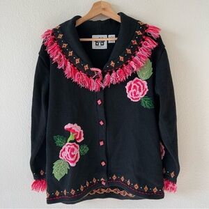 Vtg 90s Storybook Knits Beaded Fringe Rose Cardigan Western Boho Funky SZ M
